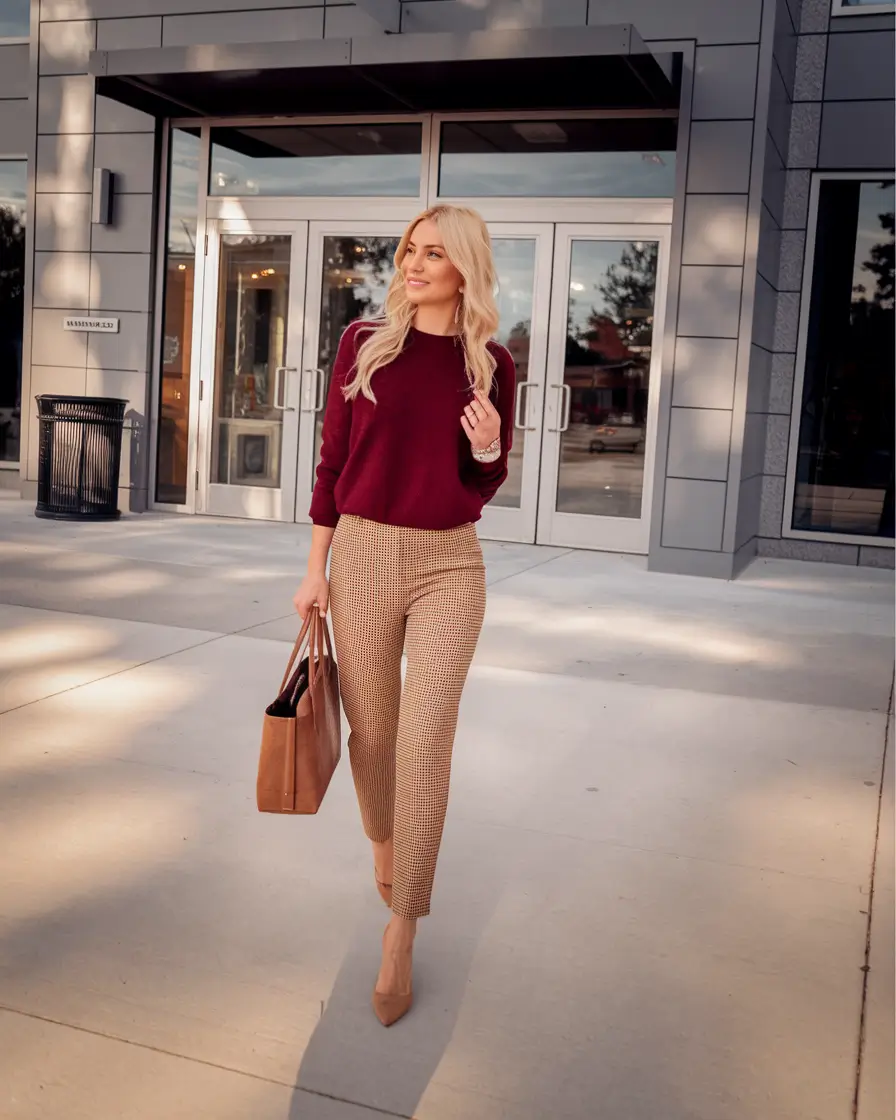 fall office outfits for women+Cranberry Knit & Camel Trousers for Everyday Ease