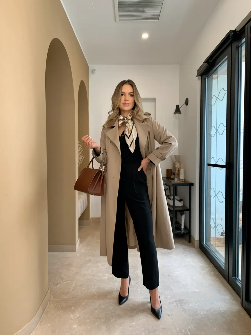 fall office outfits for women+The Structured Trench and Sharp Black Pants Look