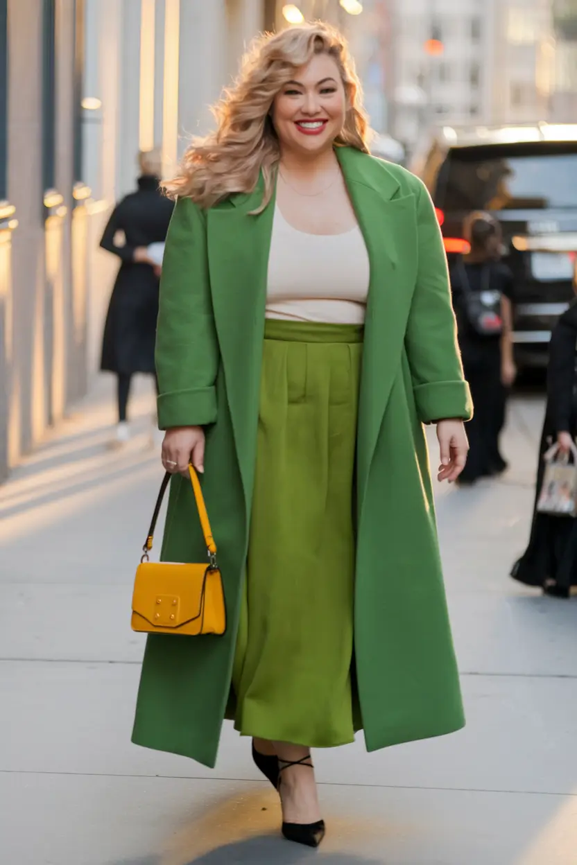 fall plus size capsule wardrobe ideas 2025 - Citrus-Green Dopamine Dressing