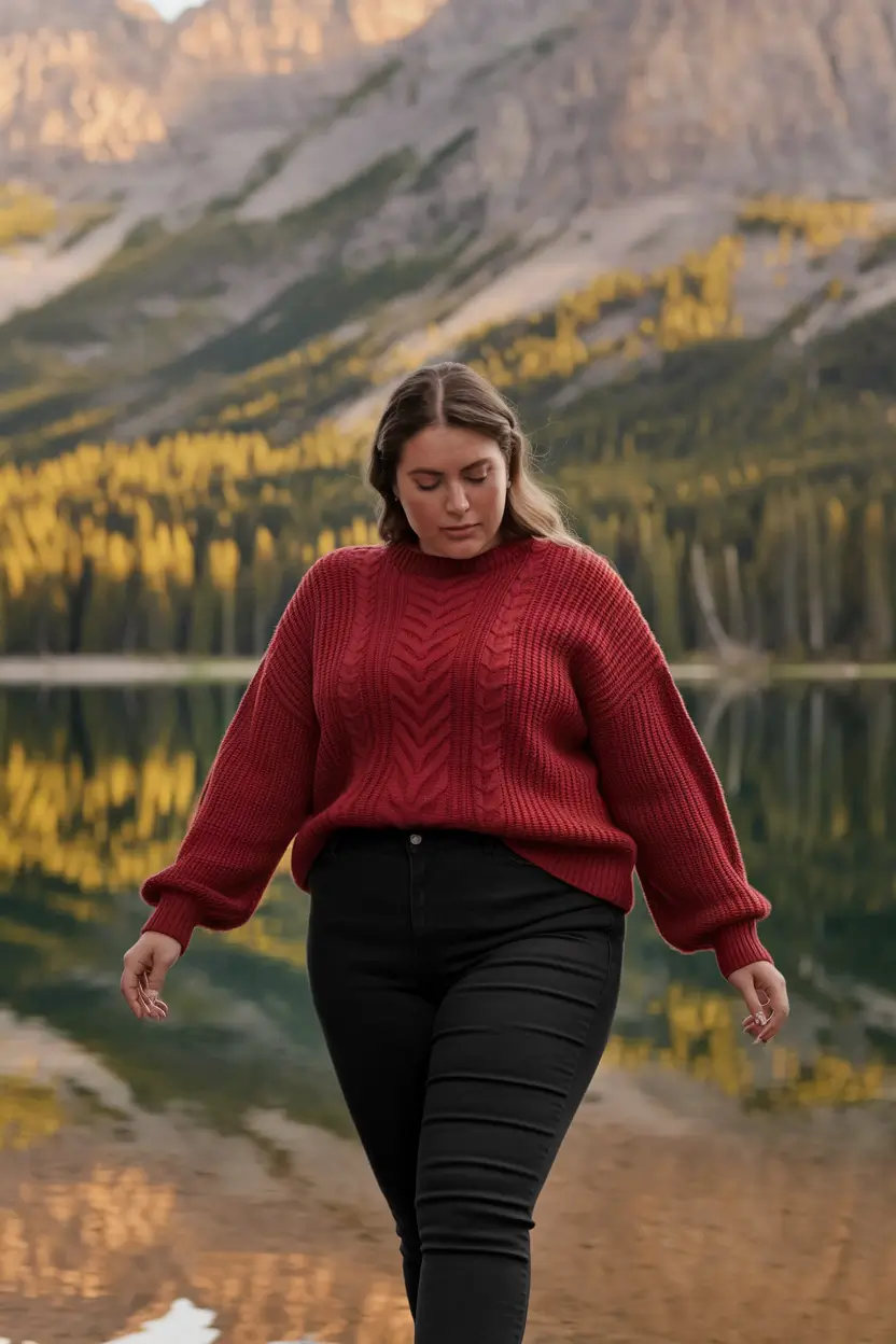 fall plus size capsule wardrobe ideas 2025 - Alpine Crimson & Comfort Denim