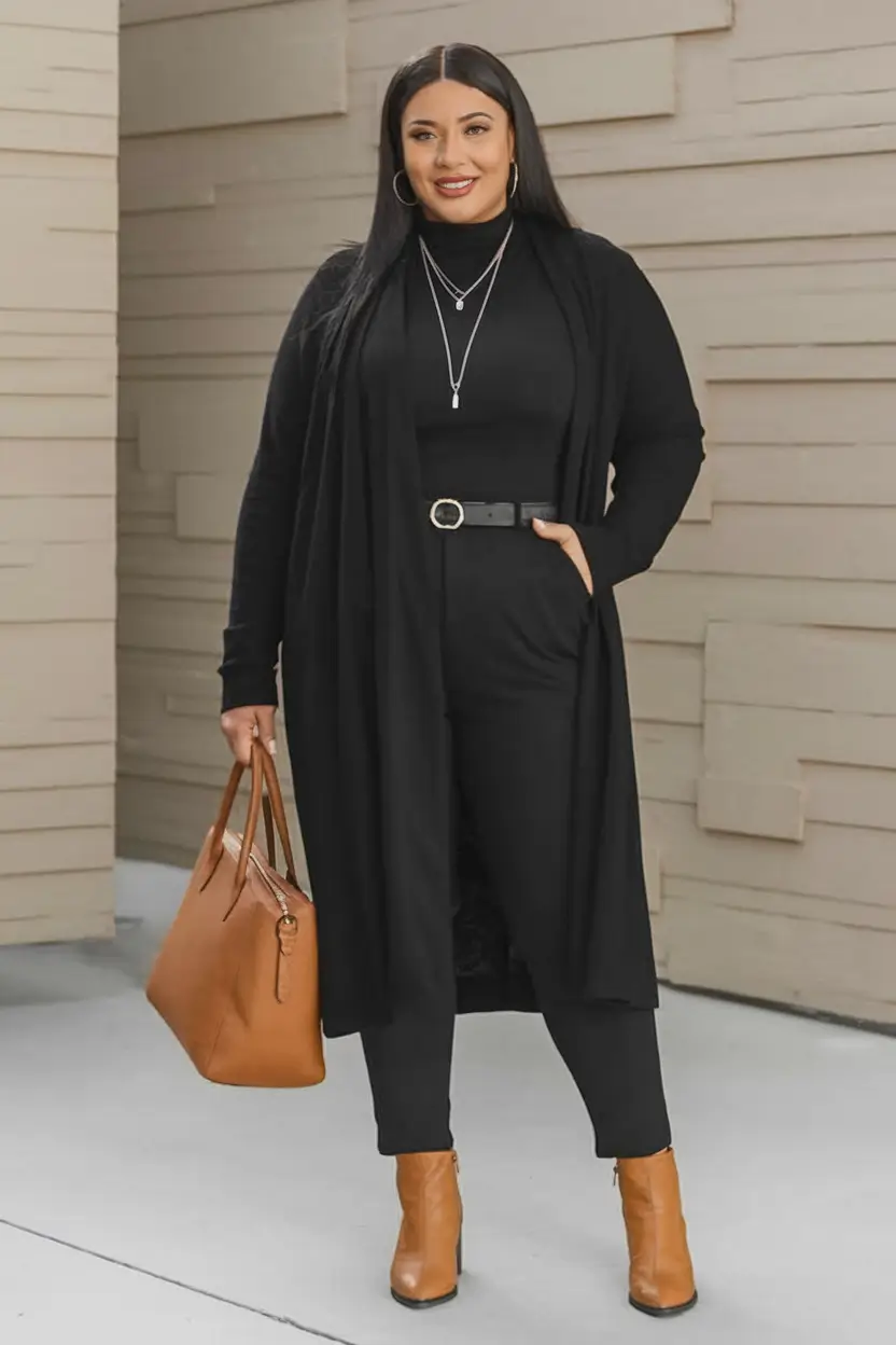 fall plus size capsule wardrobe ideas 2025 - Monochrome Noir With Cognac Punch