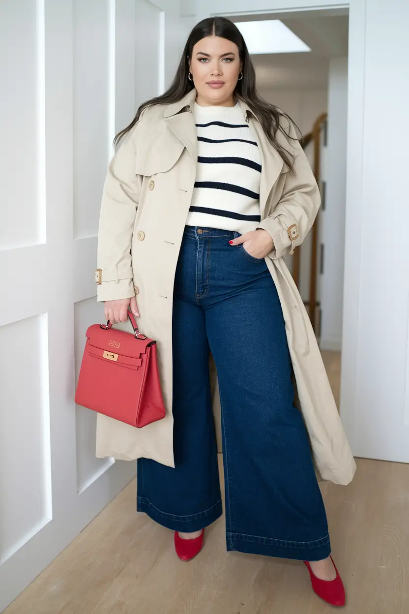 fall plus size capsule wardrobe ideas 2025 - Nautical Stripe & Wide-Leg Denim