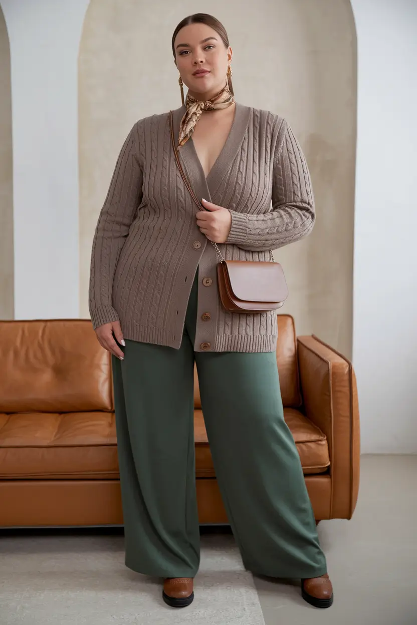 fall plus size capsule wardrobe ideas 2025 - Cable Cardigan & Soft-Green Trousers