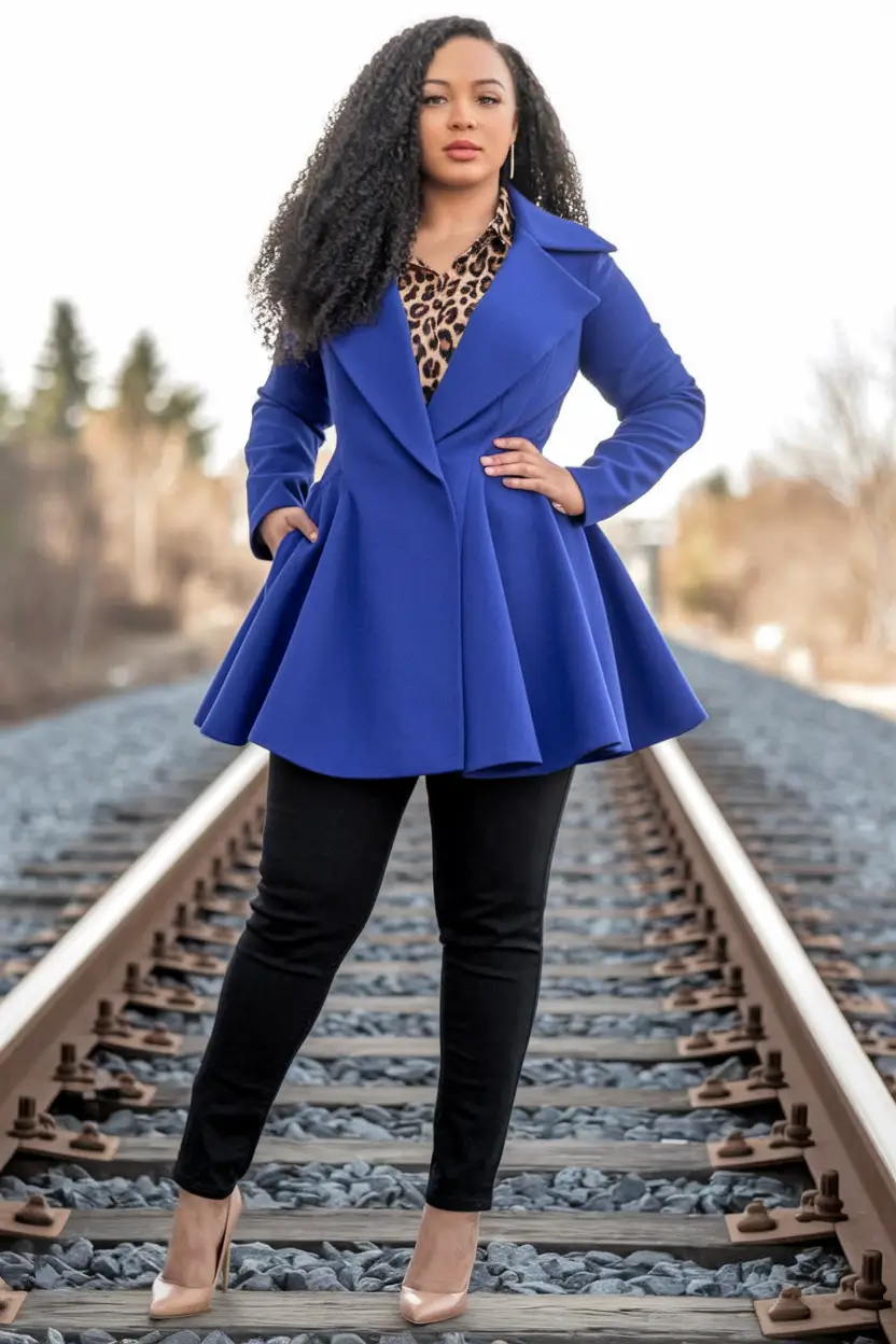 fall plus size capsule wardrobe ideas 2025 - Cobalt Peplum & Leopard Pop