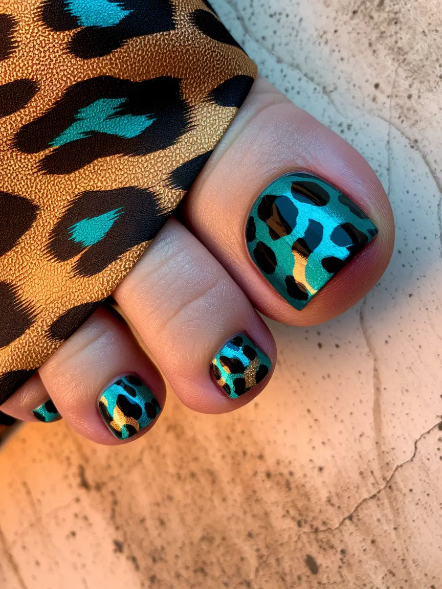 Fall Toe Nail Looks for September 2025 Teal and Gold Metallic Leopard