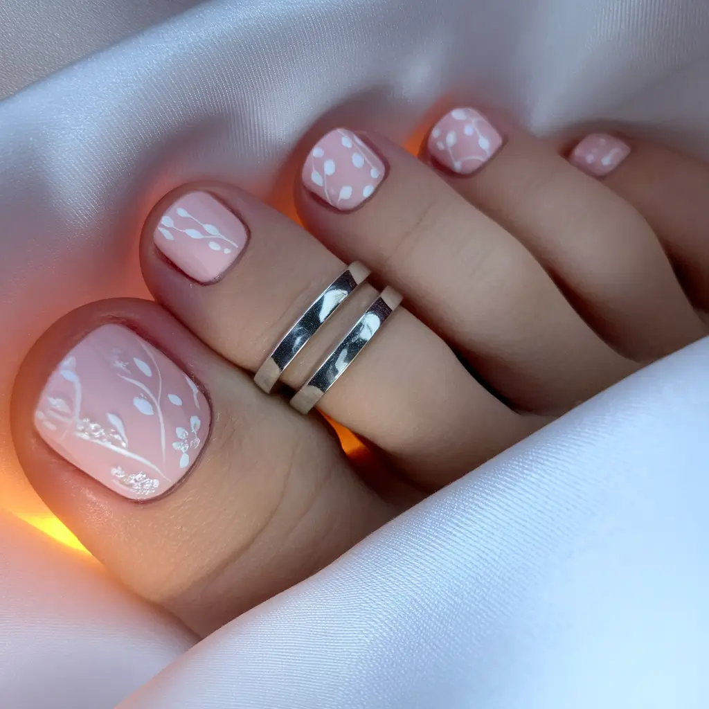 Fall Toe Nail Looks for September 2025 Soft Blush with White Floral Detailing