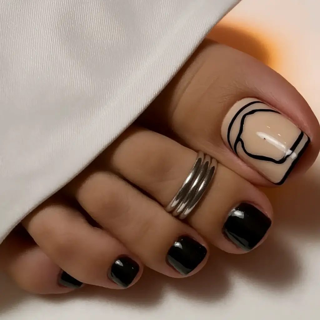 Fall Toe Nail Looks for September 2025 Modern Black & Beige Line Art