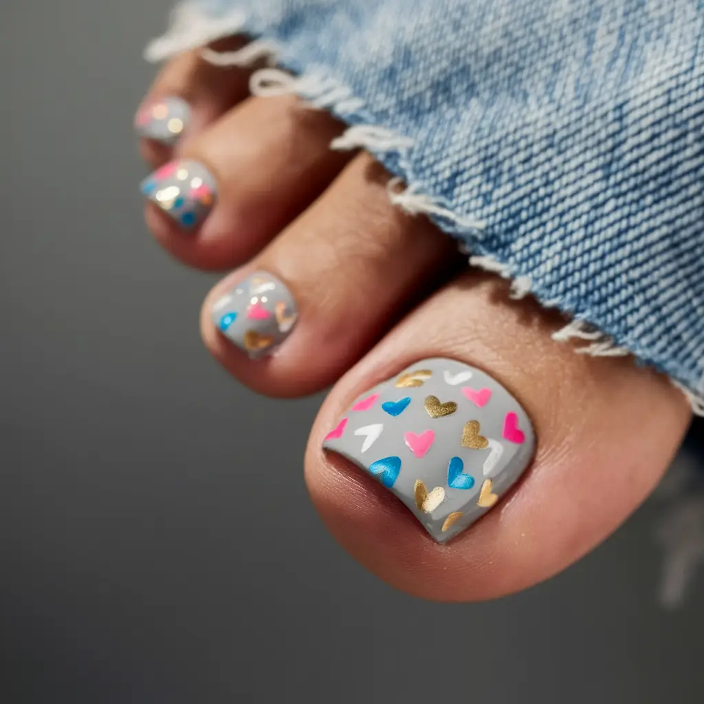 Fall Toe Nail Looks for September 2025 Grey Base with Confetti Hearts