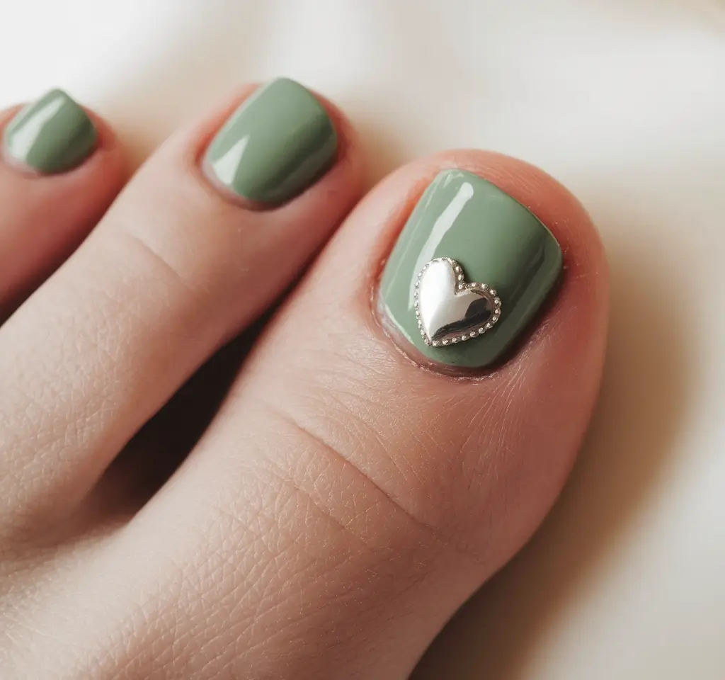 Fall Toe Nail Looks for September 2025 Sage Green with Metallic Heart Accent