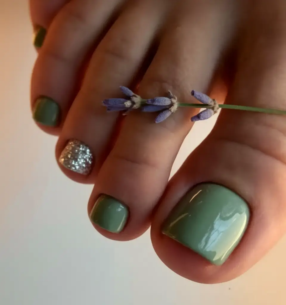 Fall Toe Nail Looks for September 2025 Sage and Silver Glitter Twist