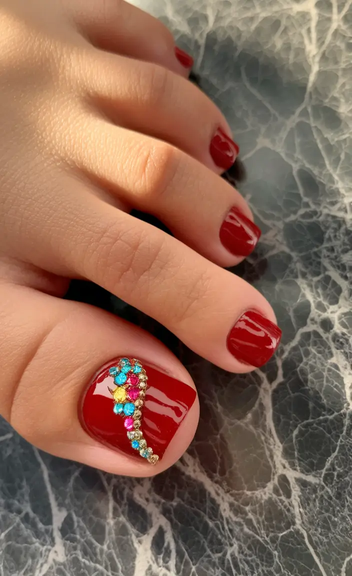 Fall Toe Nail Looks for September 2025 Glossy Garnet with Jewel Cascade