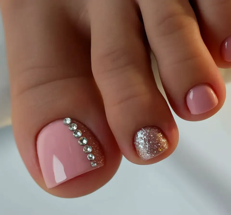 Fall Toe Nail Looks for September 2025 Rose Pink with Sparkle & Studs