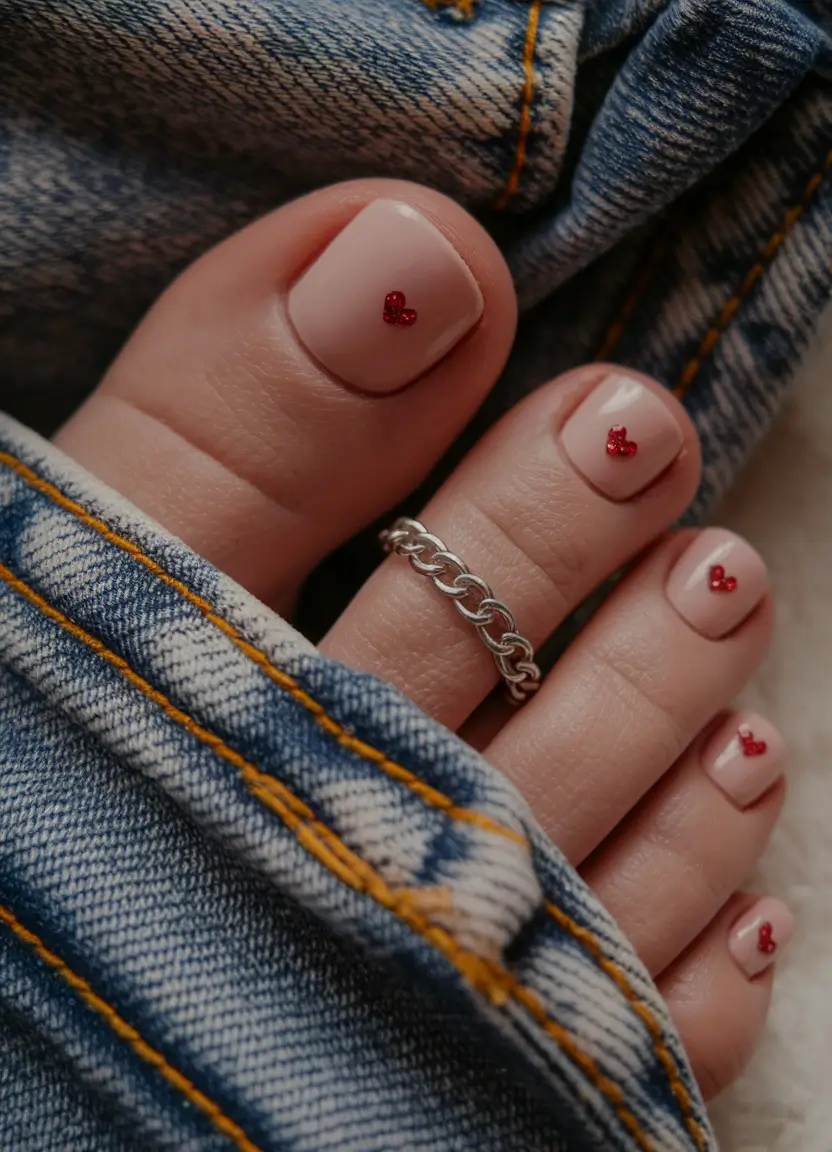 Fall Toe Nail Looks for September 2025 Neutral Pink with Glitter Hearts