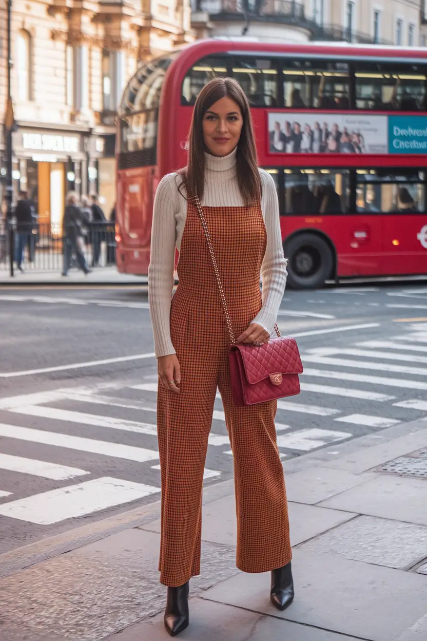 Layering outfits for Chilly Fall 2025 Stylish Knit Dress with Plaid Jumpsuit