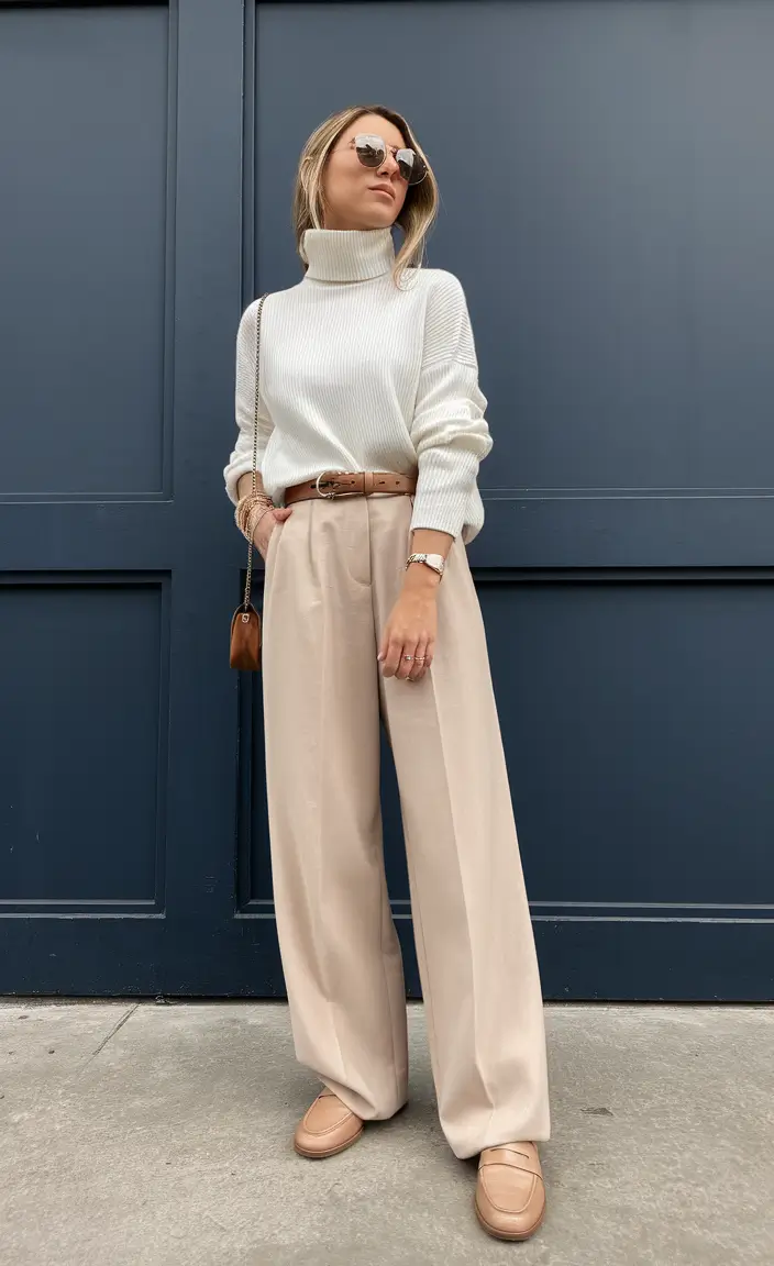 Layering outfits for Chilly Fall 2025 Cozy Cream Turtleneck and Relaxed Trousers