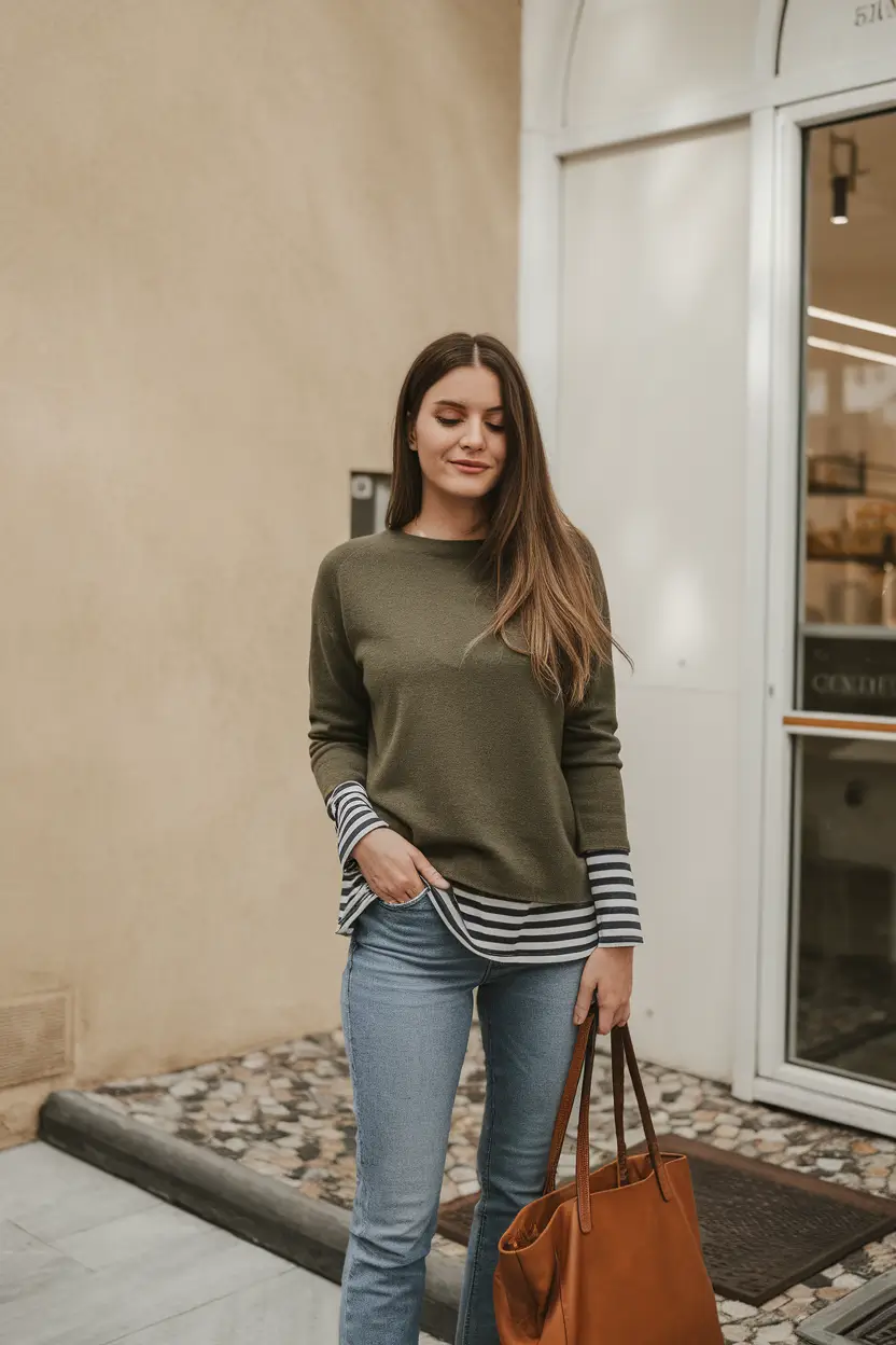 Layering outfits for Chilly Fall 2025 Casual Green Sweater with Light Denim