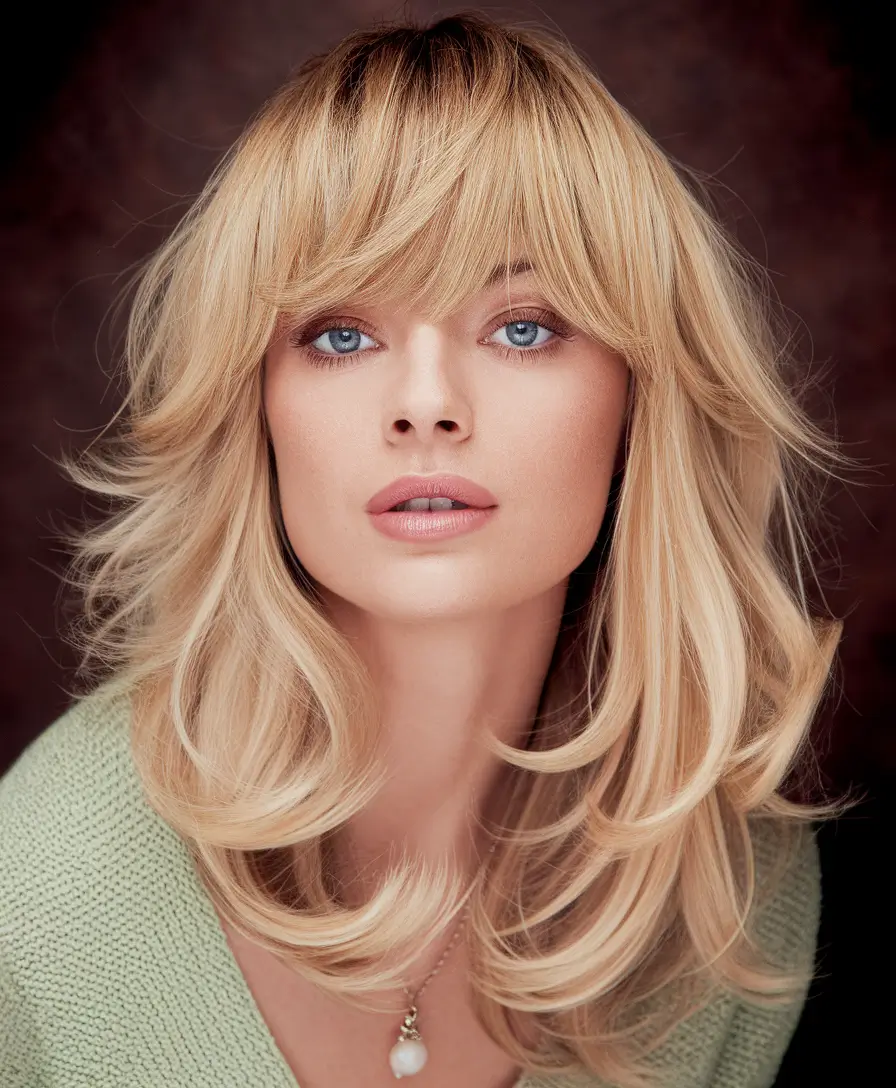 Modern Fall Shag Haircuts to Copy in 2025 Golden Feathered Shag with Soft Curtain Bangs