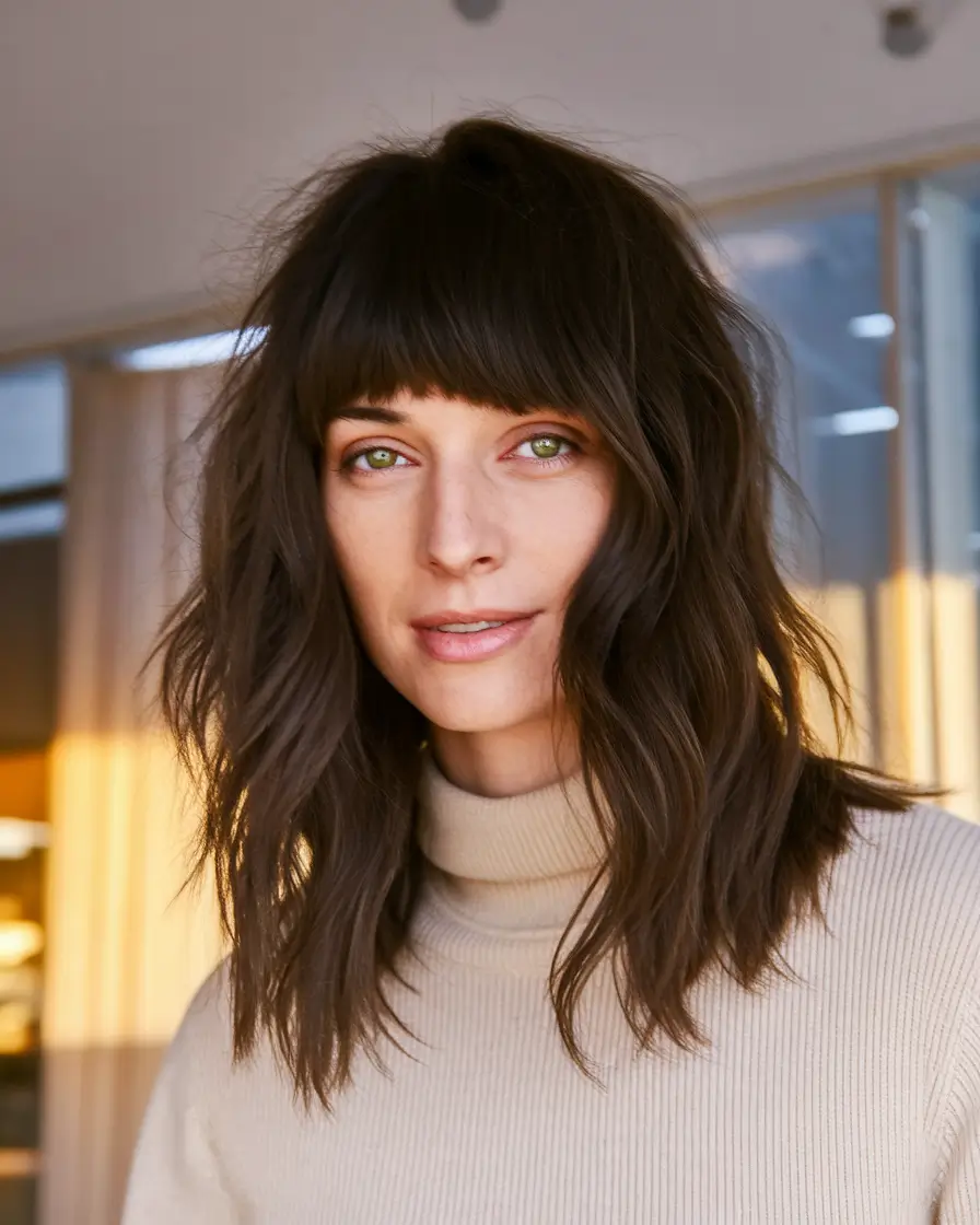 Modern Fall Shag Haircuts to Copy in 2025 Polished Dark Shag with Blunt Bangs