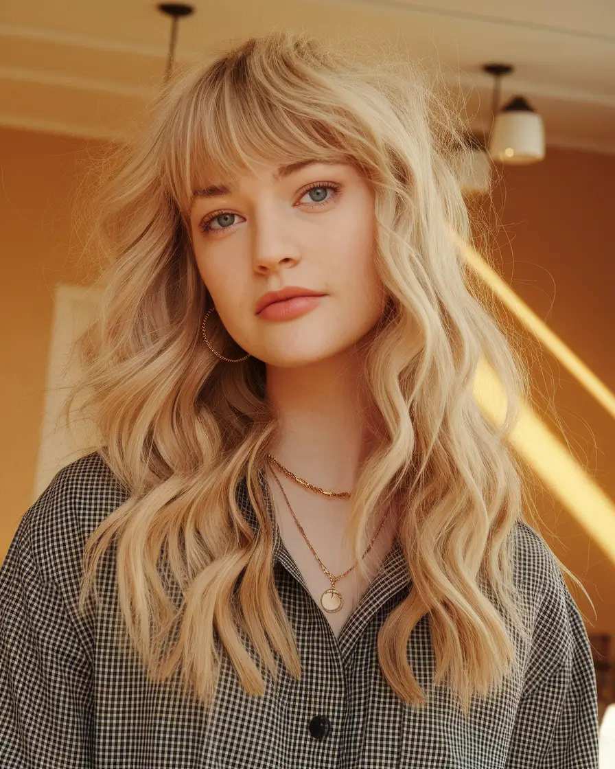 Modern Fall Shag Haircuts to Copy in 2025 Romantic Blonde Waves with Curtain Fringe