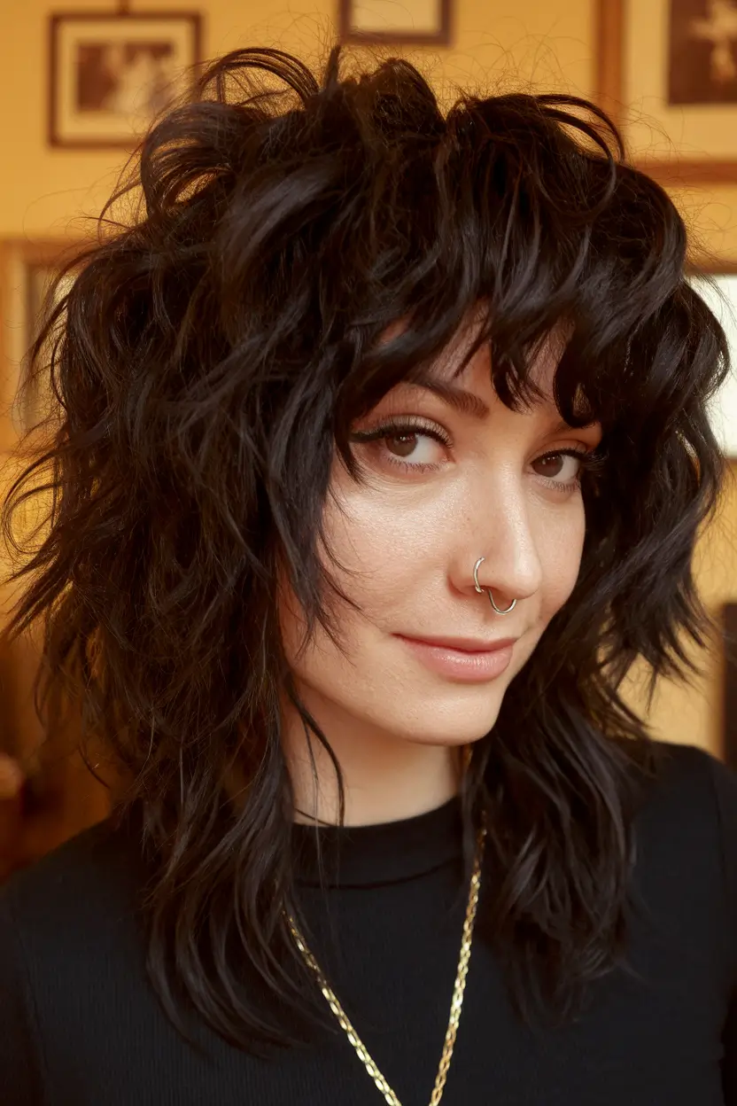 Modern Fall Shag Haircuts to Copy in 2025 Deep-Black Curls with Choppy Fringe