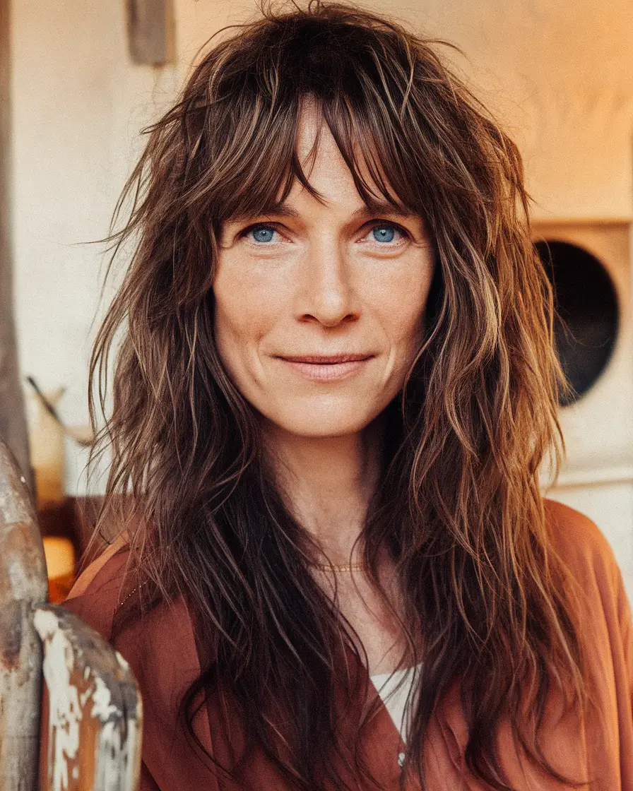 Modern Fall Shag Haircuts to Copy in 2025 Long Windswept Shag with Curtain Bangs