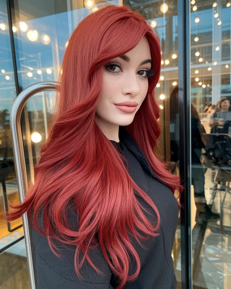 Must-Try Fall Red Hair Colors for Redheads 2025 Feathered Layers in Muted Ruby Red
