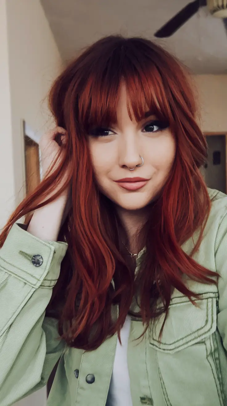 Must-Try Fall Red Hair Colors for Redheads 2025 Boho Autumn Bangs in Burnt Sienna