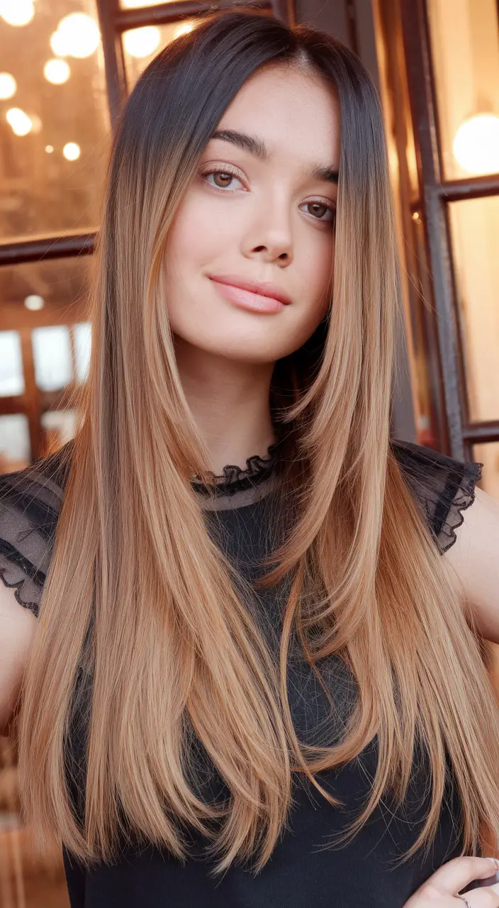 Must-Try Hairstyles for Women in Fall 2025 Center-Part Sleek Caramel Slicing