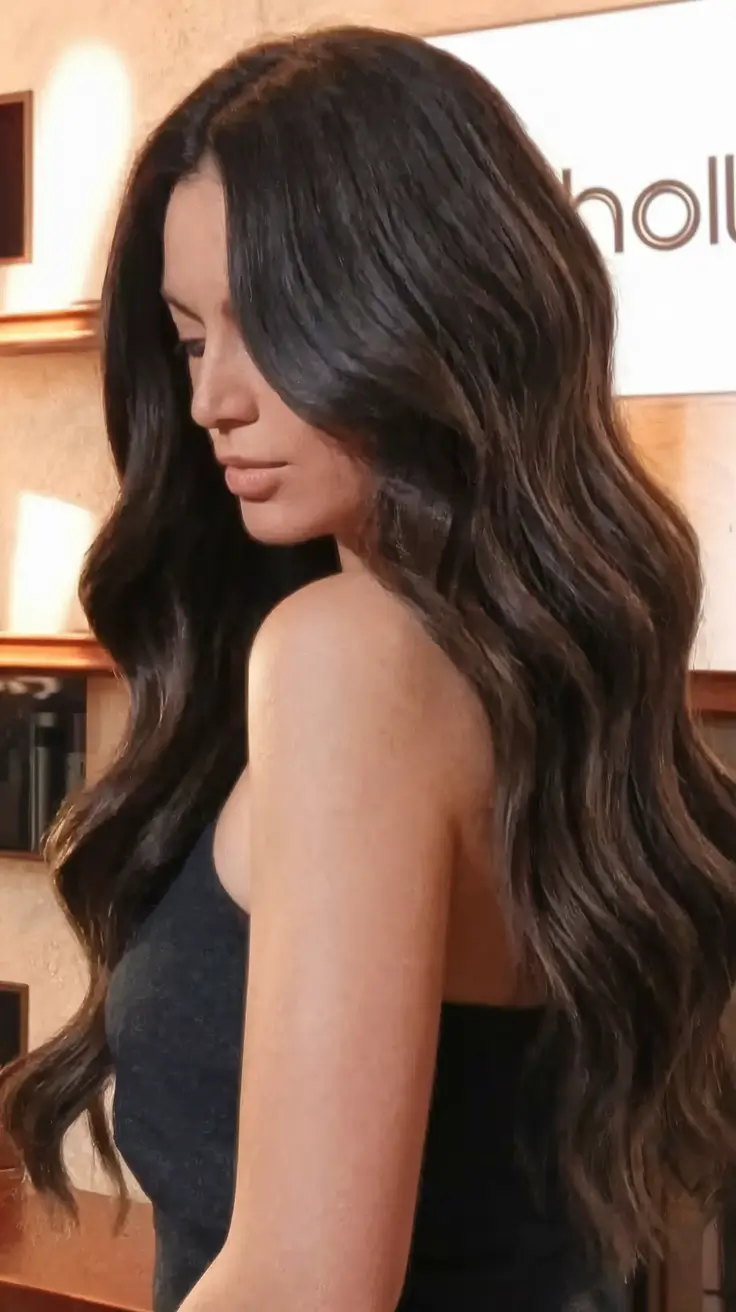 fall brunette hair color dimension Espresso Soft-Wave Length with Subtle Light Play
