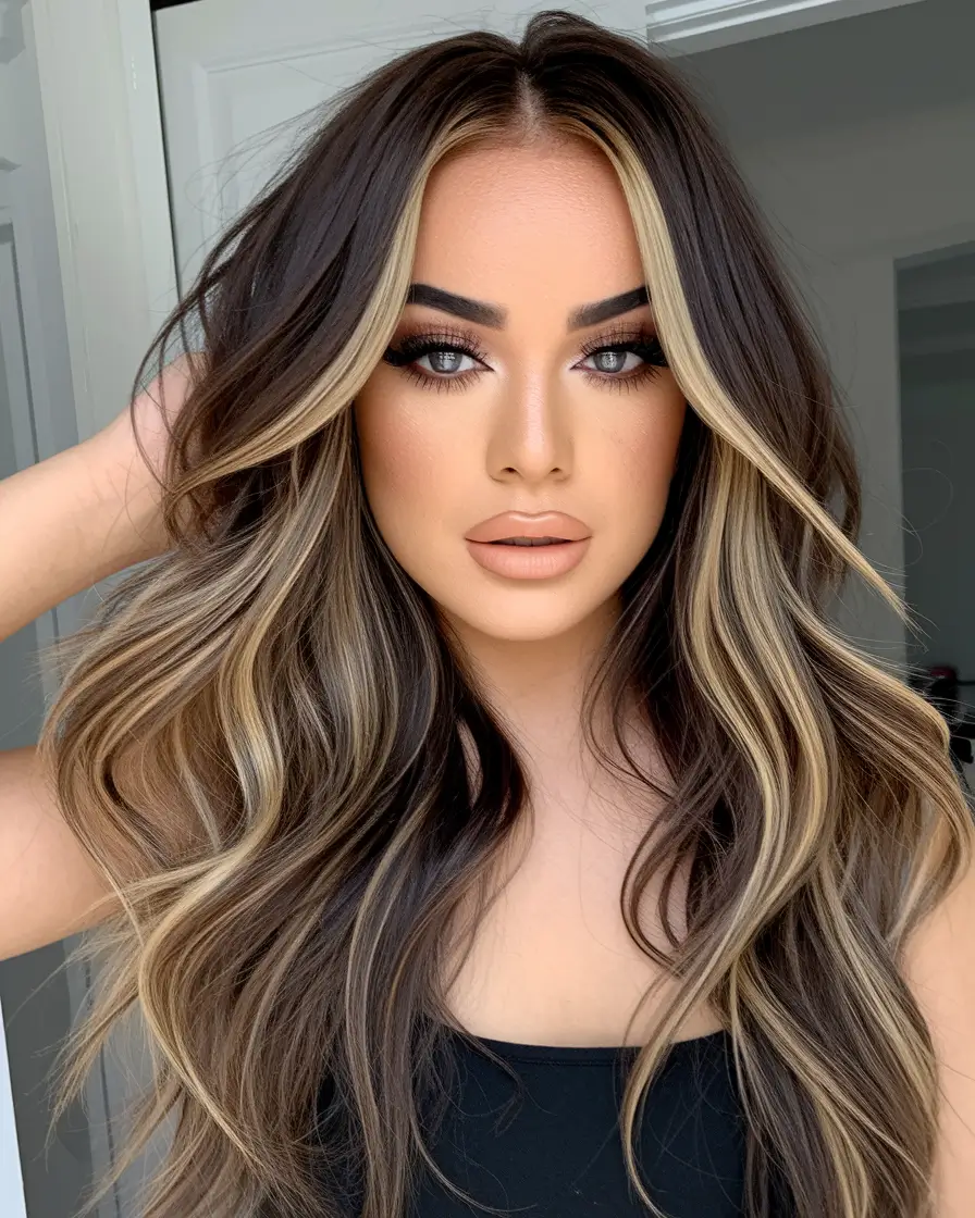 fall brunette hair color money piece High-Contrast Balayage with a Luxe Money Piece