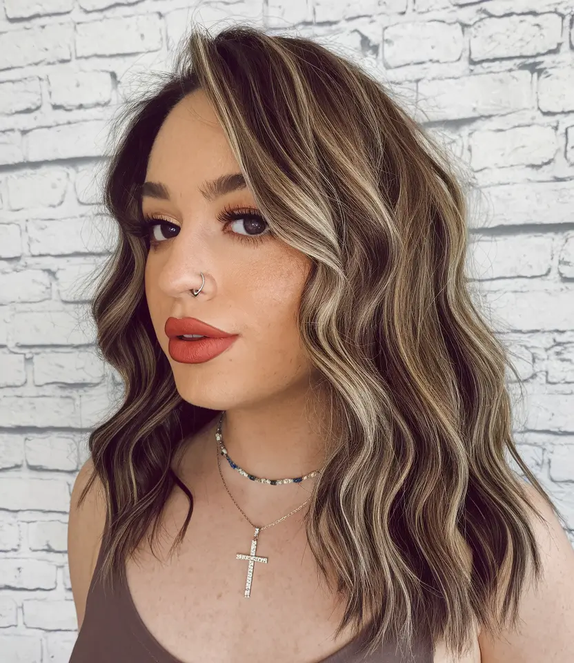 fall brunette hair color balayage medium Textured Shoulder-Length with Cool Caramel Highlights