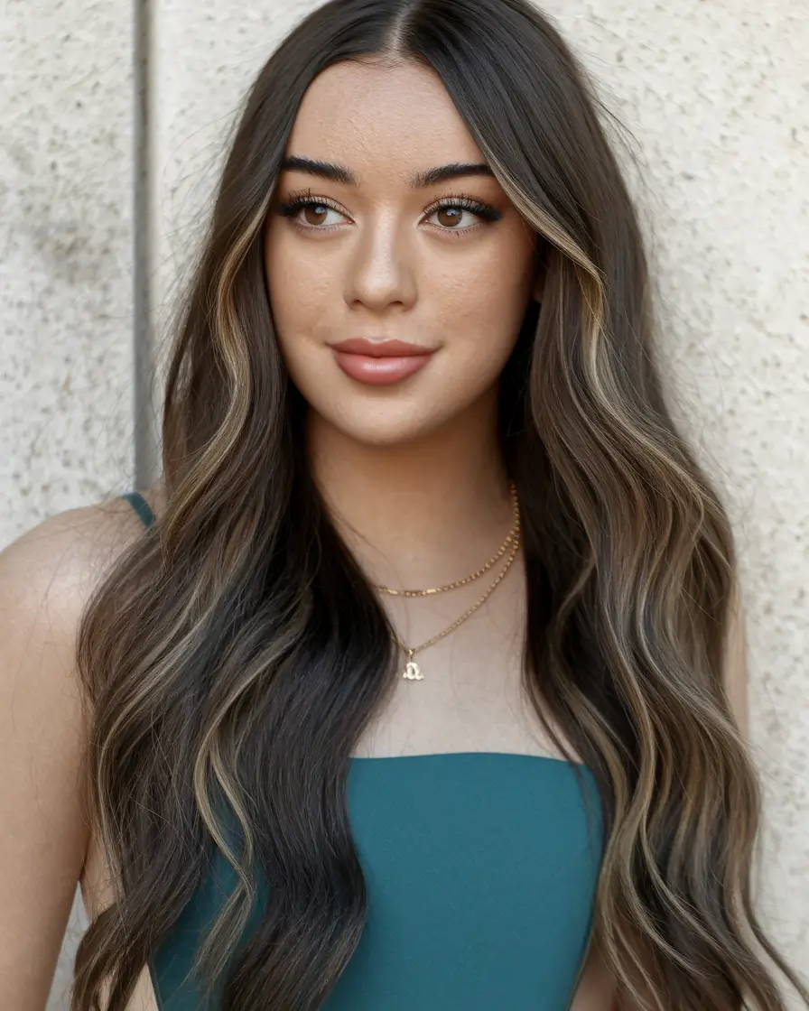 fall brunette hair color balayage Subtle Money Piece on Deep Mocha Waves