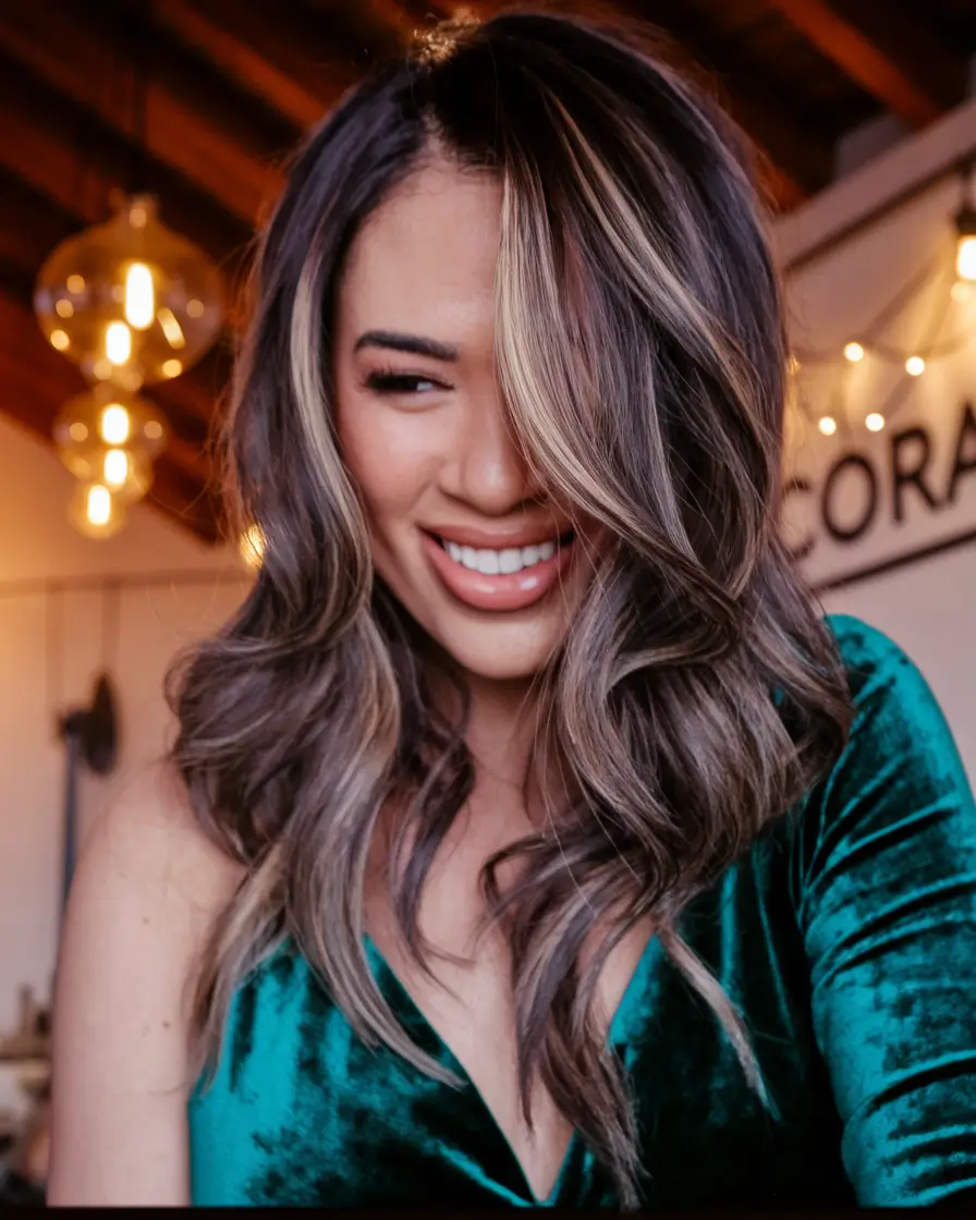 fall brunette hair color balayage medium Soft Chocolate Waves with Caramel Dimension