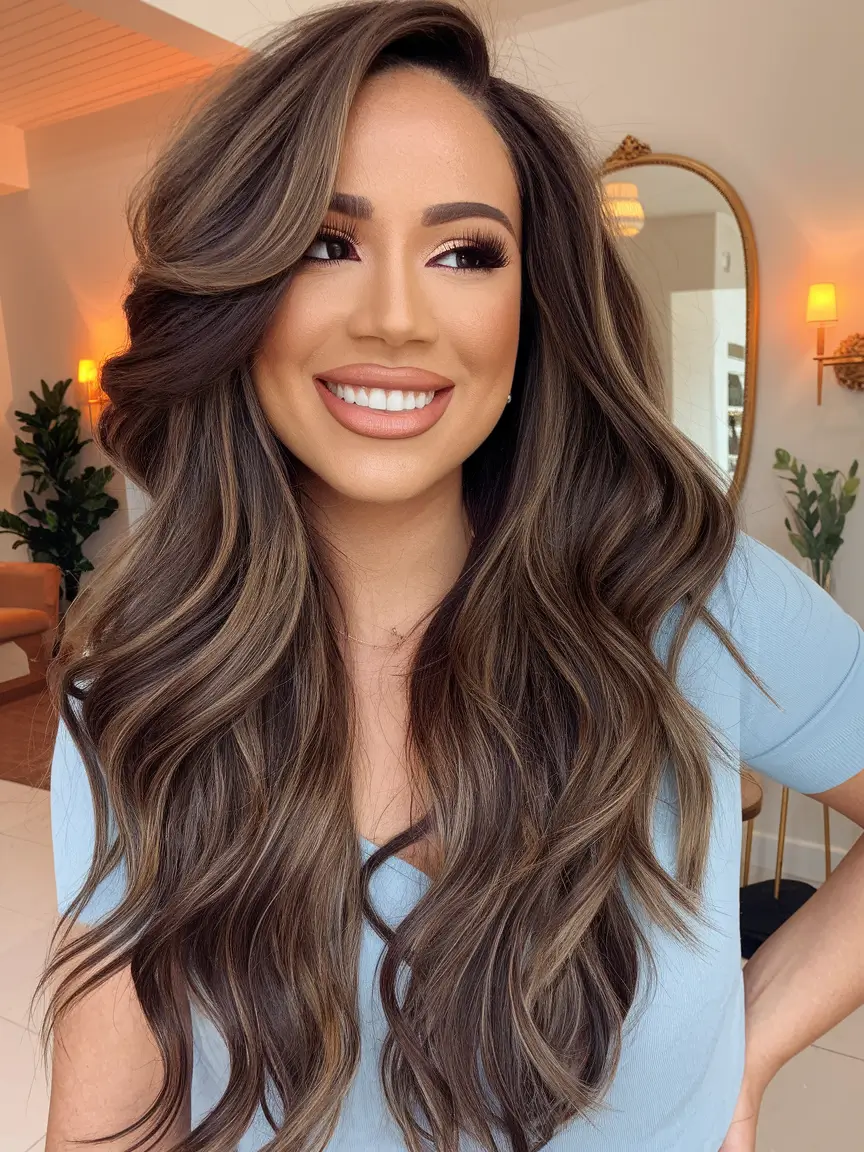 fall brunette hair color dimension Dimensional Cocoa with Layered Volume