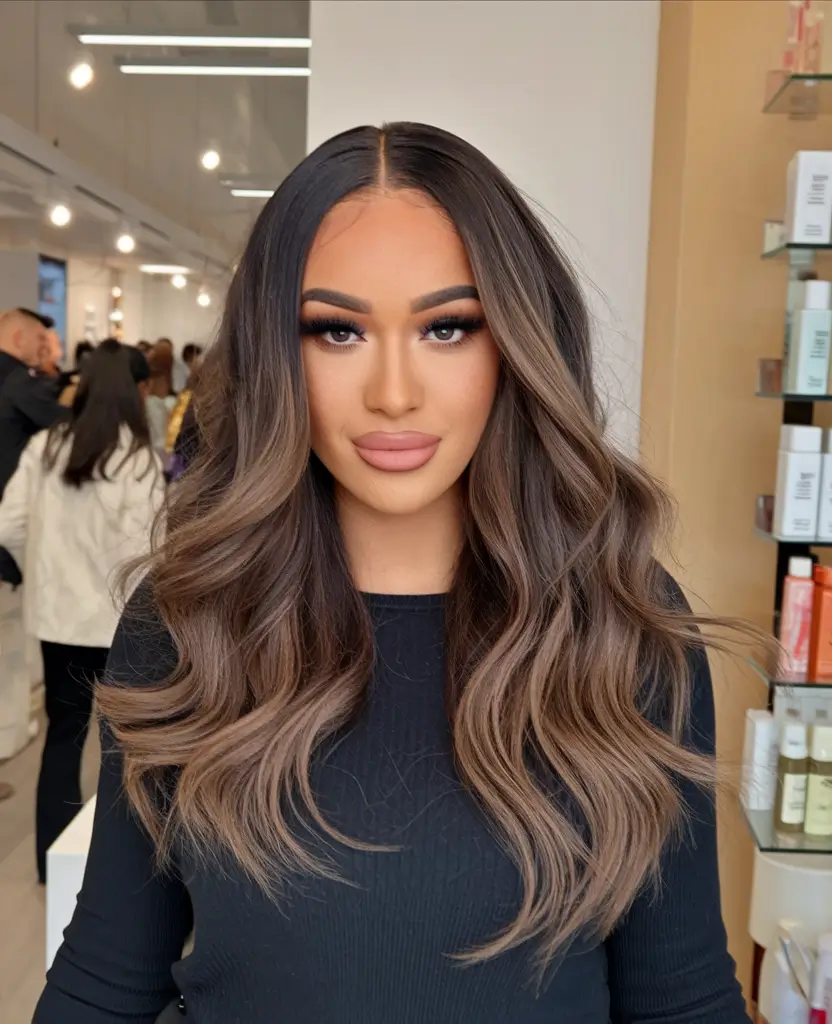 fall brunette hair color balayage medium Bright Ash Brunette with Soft Contour