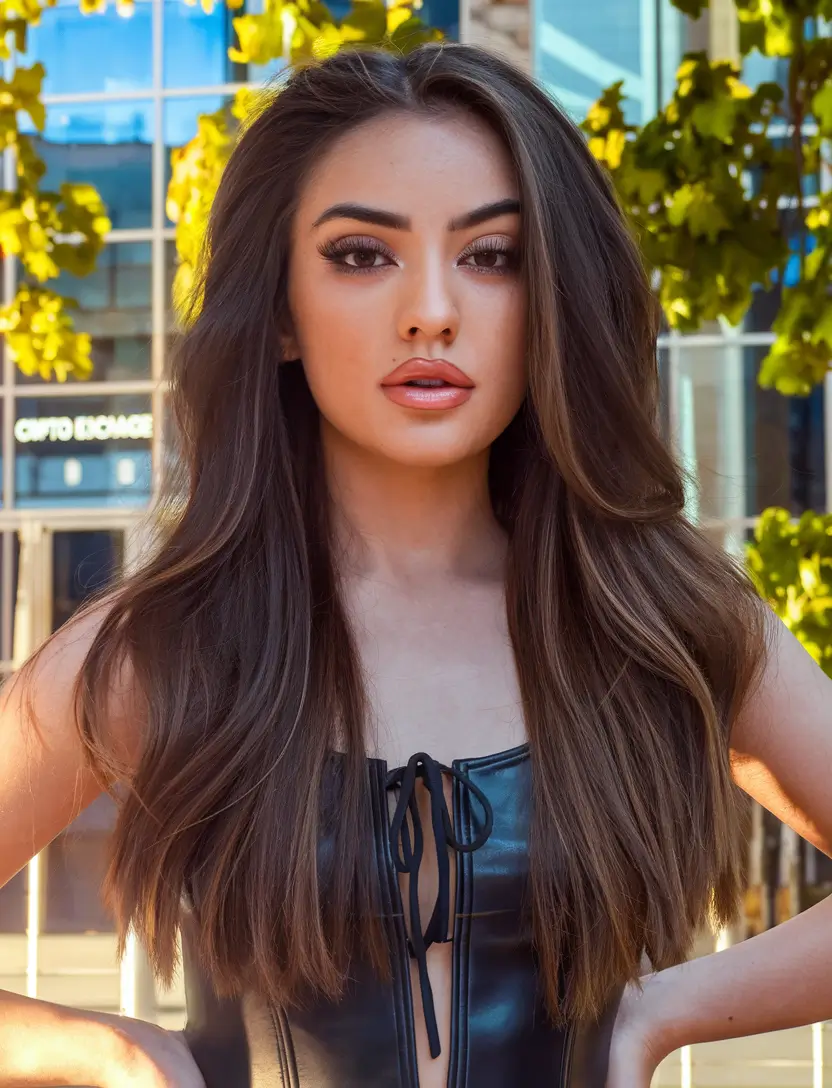 fall brunette hair color money piece Long Sleek Brunette with Barely-There Contour