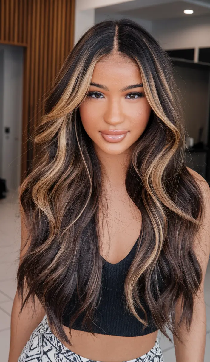 fall brunette hair color money piece Bold Balayage Money Piece with Golden Pop
