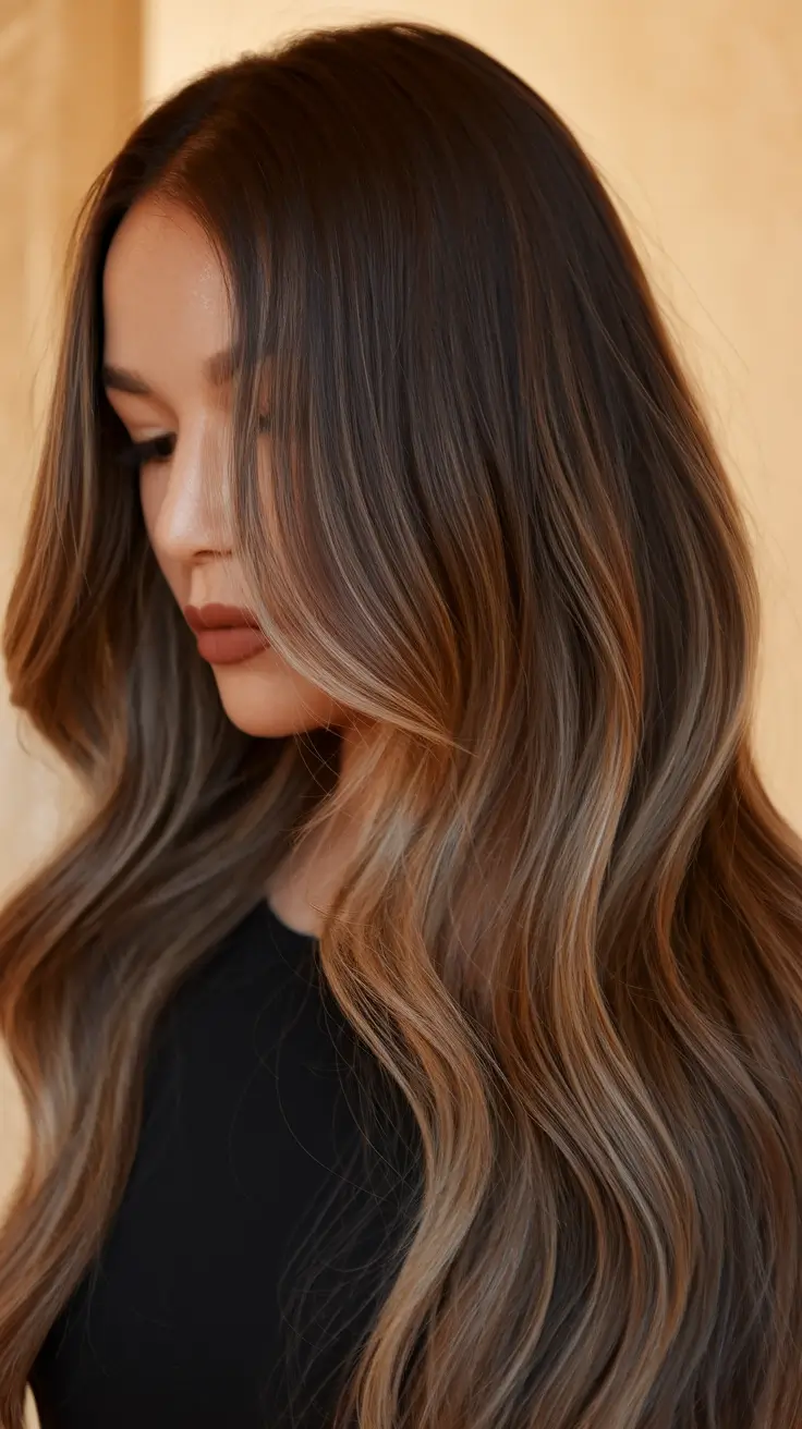 fall brunette hair color fair skin Caramel-Cool Balayage for Natural Brunettes