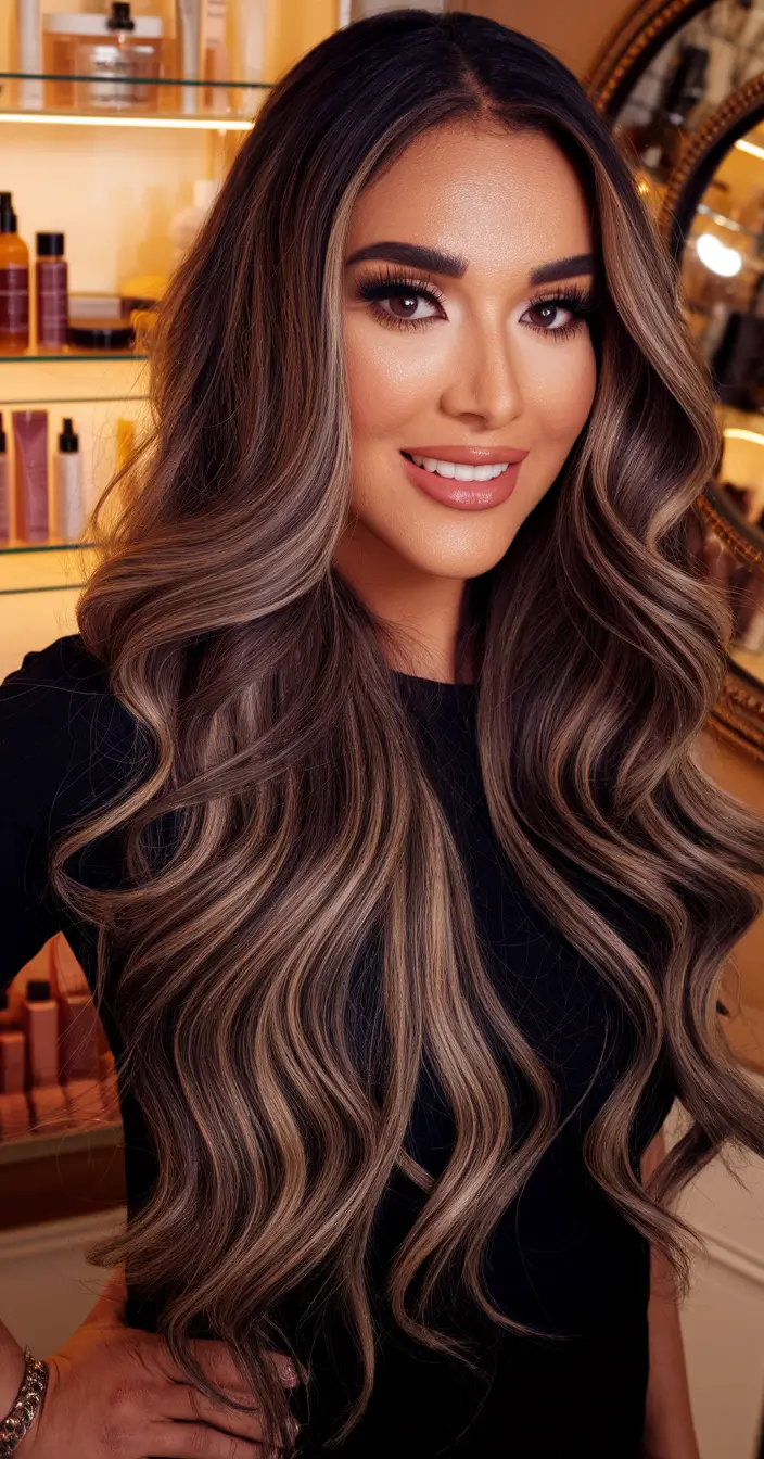 fall brunette hair color balayage long Classic Fall Balayage with Luxe Curls