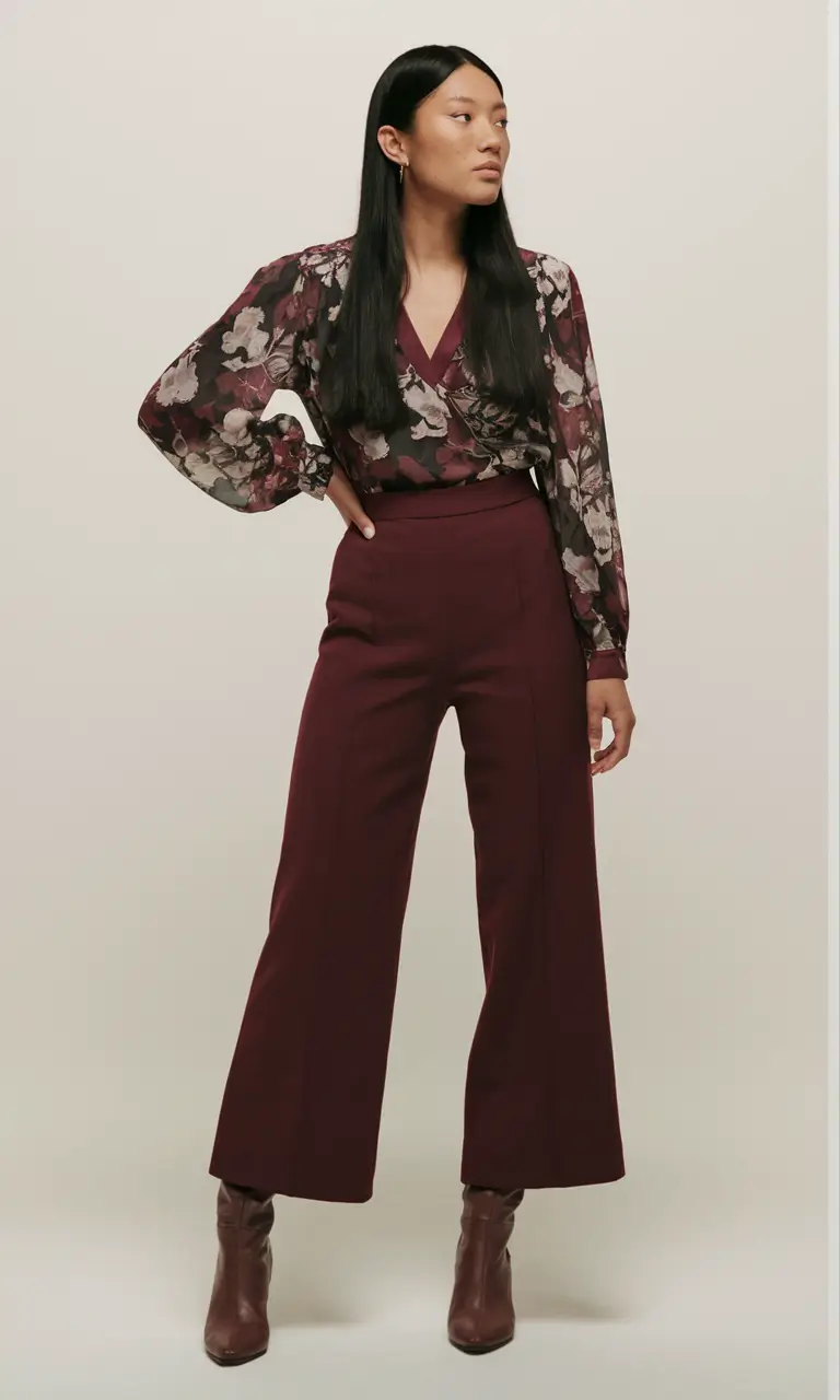 new ideas 2025 fall style for women Deep Merlot Tailoring with Sheer Florals