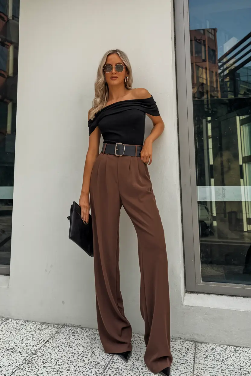 new ideas 2025 fall style for women Off-Shoulder Chic and Espresso Trousers