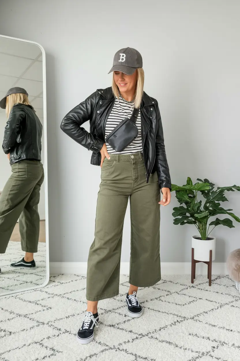 new ideas 2025 fall style for women Utility Olive and Moto Stripes Remix