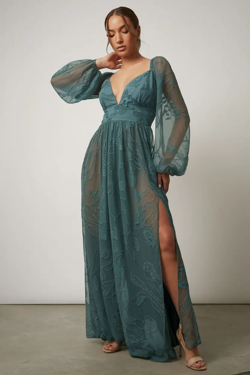 october wedding guest outfits ideas 2025 Whispering Teal & Sheer Drama