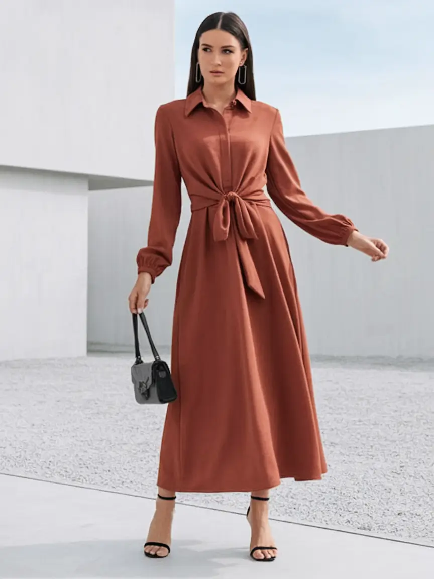 october wedding guest outfits ideas 2025 Terracotta Shirt-Dress with Minimalist Chic