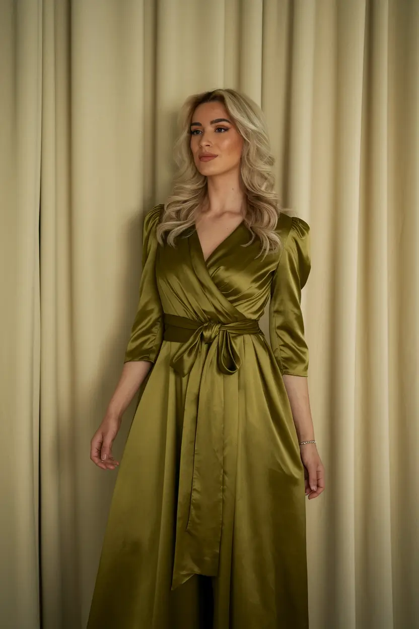 october wedding guest outfits ideas 2025 Olive Wrap Elegance for Plus-Size Flair
