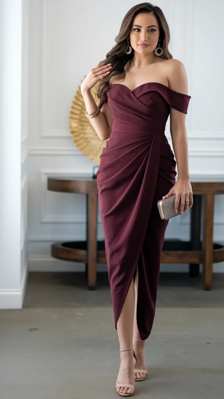 october wedding guest outfits ideas 2025 Merlot Off-Shoulder Sophistication
