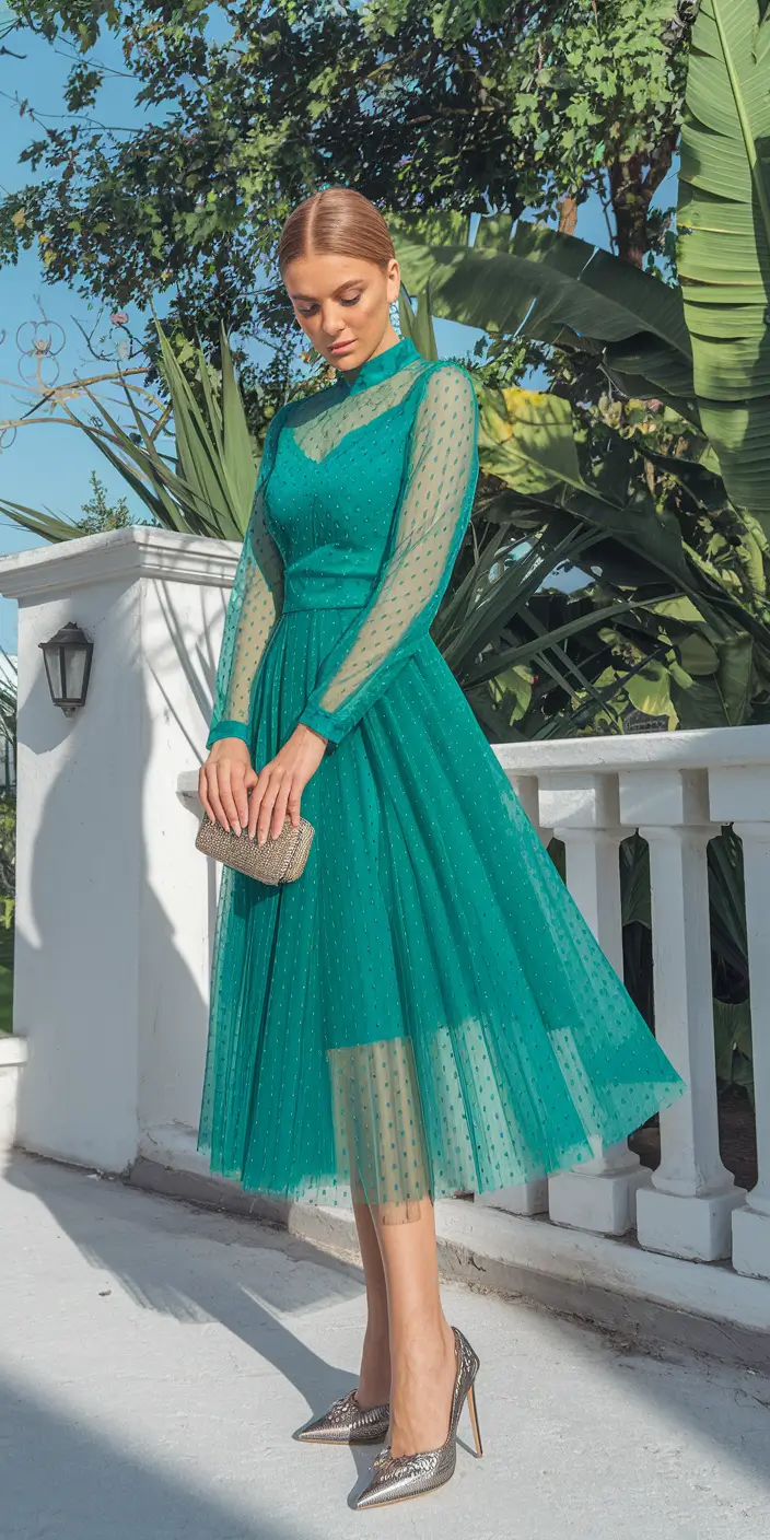 october wedding guest outfits ideas 2025 Emerald Daydream Tea-Length Tulle