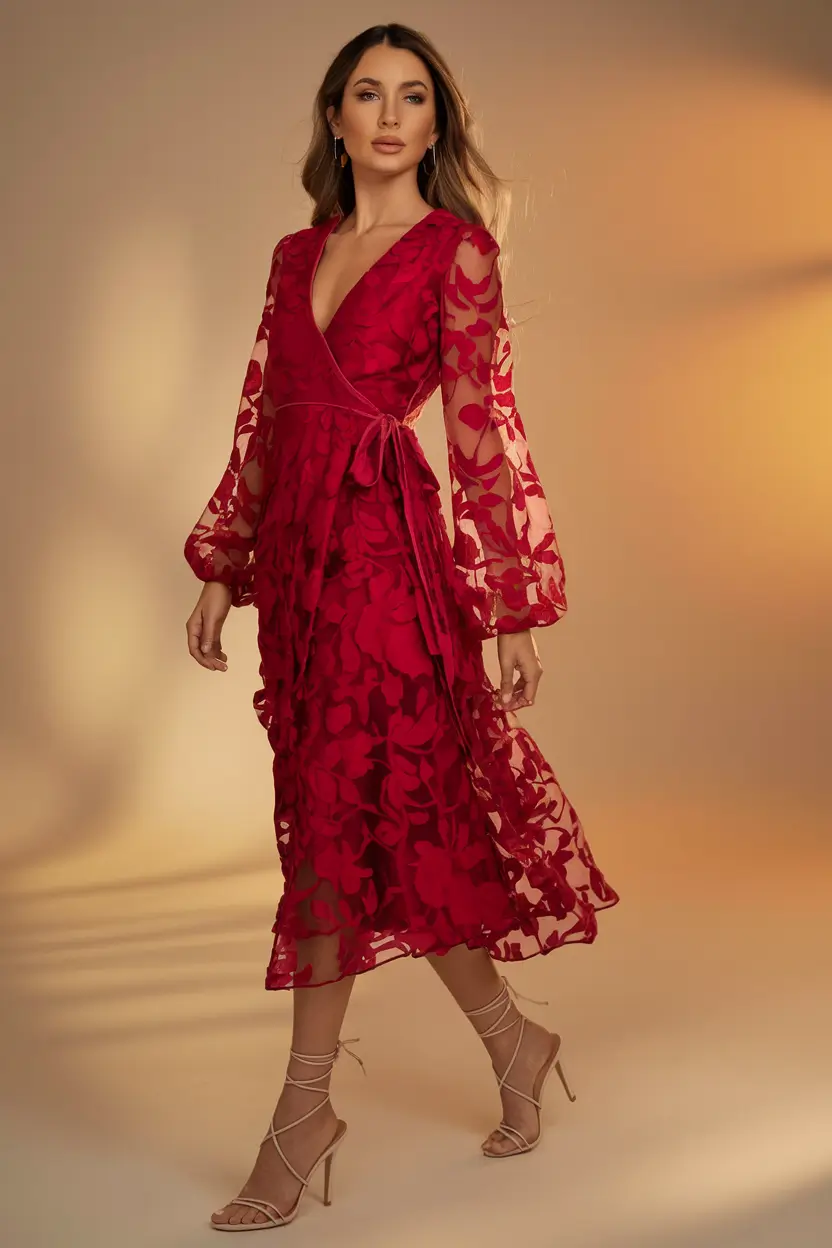october wedding guest outfits ideas 2025 Crimson Petal Wrap Romance