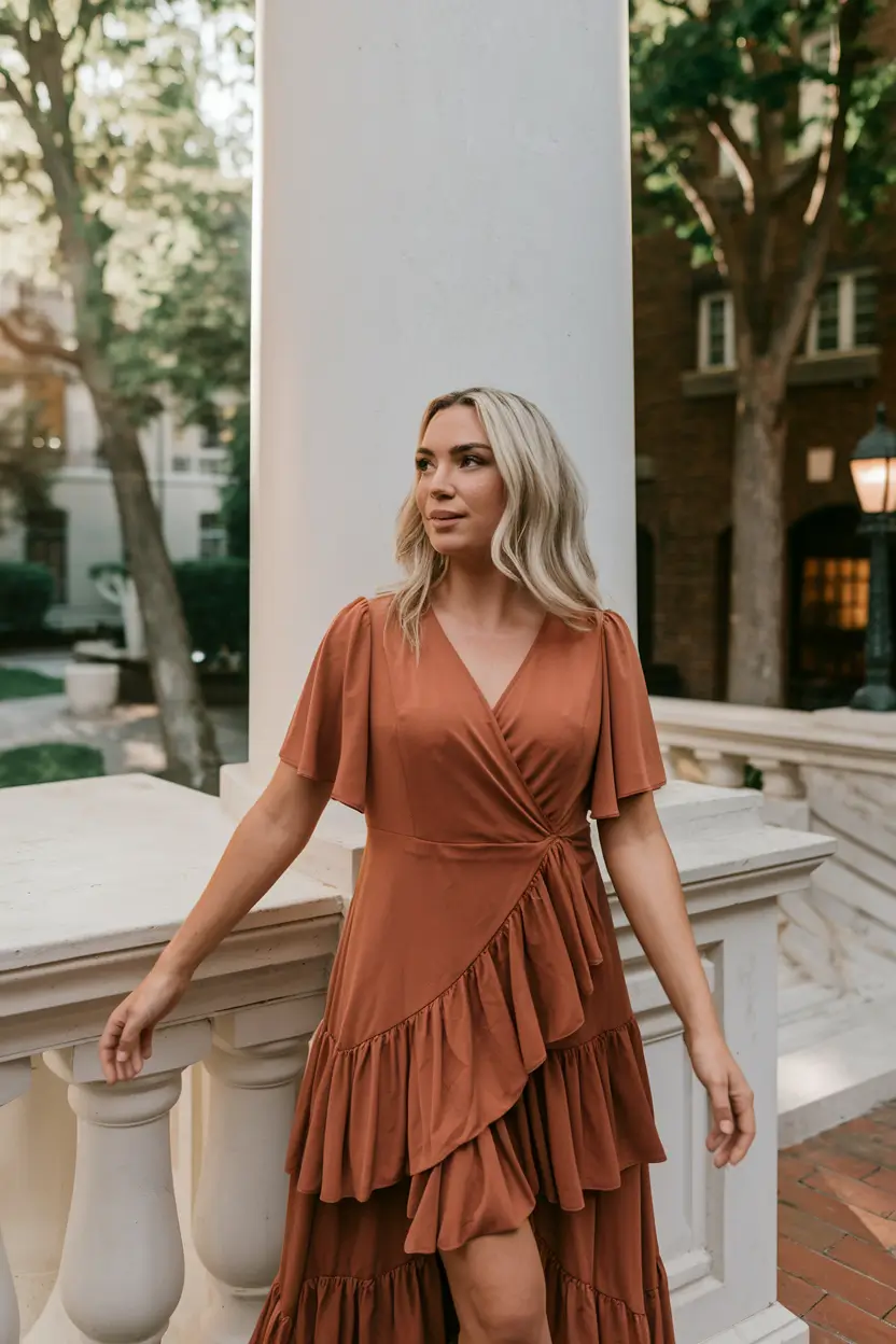 october wedding guest outfits ideas 2025 Clay Ruffle for Warm Golden Days