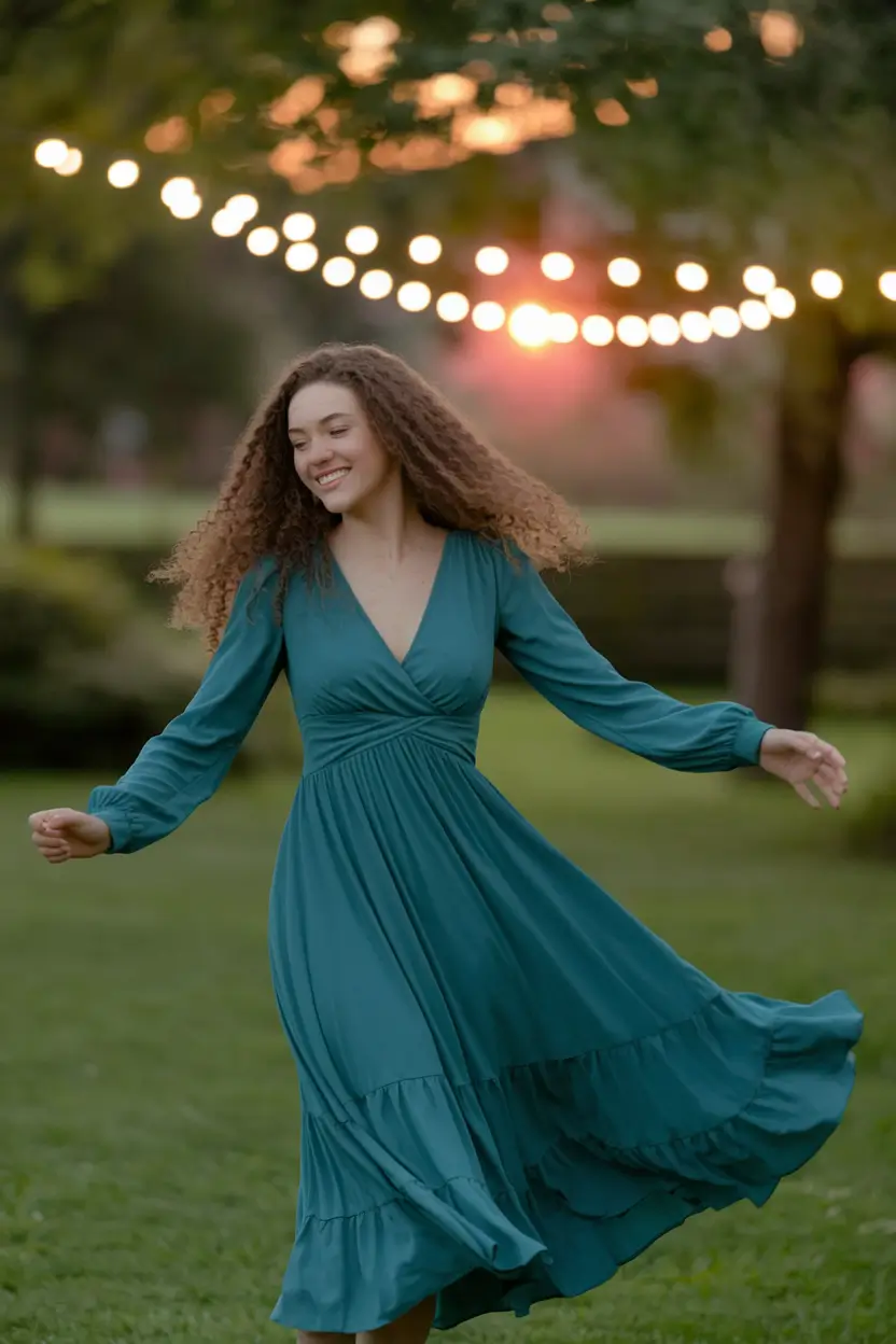 october wedding guest outfits ideas 2025 Teal Twirl in Golden Hour